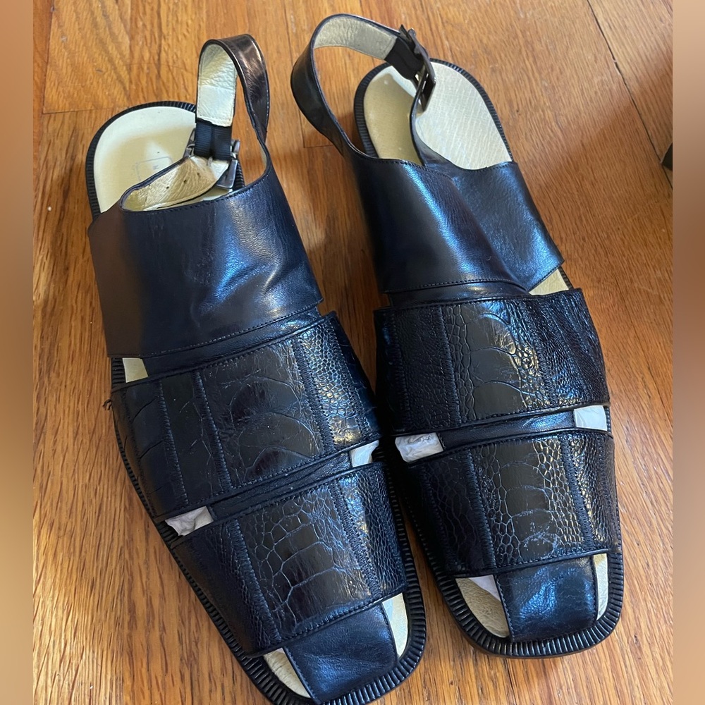 BOUCHON Mens Genuine Ostrich leg Dress Sandals Size 10.5 M Black Square Toe